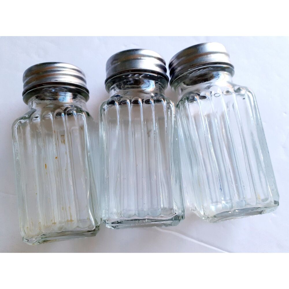 Clear Ribbed Glass Salt & Pepper Spices Jars 3 Cts 3" Tall Square Vertical